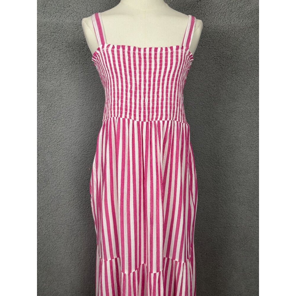Raviya Pink & White Striped Tiered Smocked Maxi Cover Up Sleeveless Medium NWT's - Picture 2 of 8